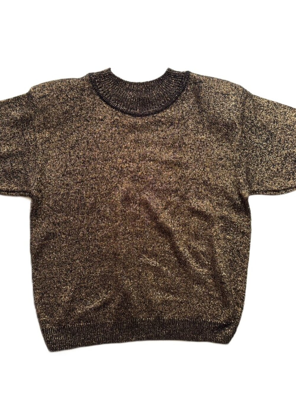 Vtg Black & Bronze Metallic Sparkle Crew Neck Short Sleeve Knit Top sz M - Picture 2 of 6